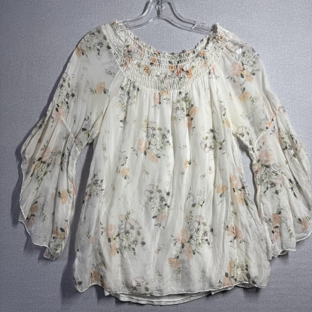 GIUSY‎ Blouse Womens M White Floral Silk Bell Sleeve Boho Tunic Top Italy